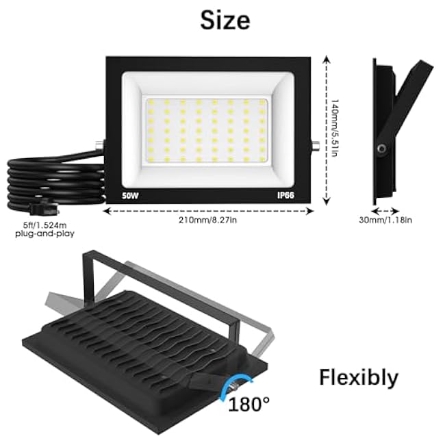 50W Flood Light Outdoor: 2 Pack 5000LM Bright LED Plug-in Flood Light, IP66 Waterproof, 100-265V, 6500K Daylight White, Plug-and-Play, Heat Dissipation, Ideal for Yard, Garage, Stadium
