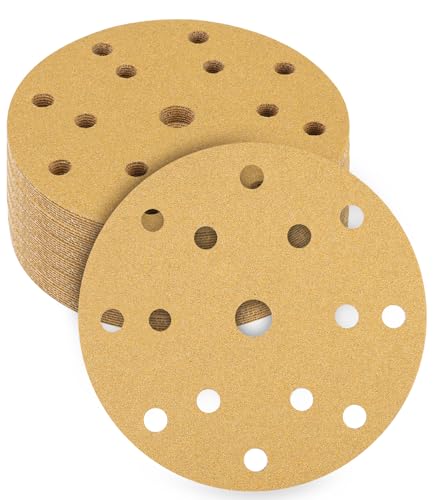 Qixora 15 Agujeros para Lijas, 50 Piezas Discos de Lija 150mm de Papeles de Lija 80 Grano para Lijadora Orbital para Madera,Metal,Pintura,Goma,Cuero,Plástico,Pintura,Yeso,Limpieza y Pulido de Bordes