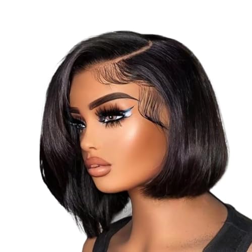 Perruque frange cheveux humains 13x6 HD Lace Front 250% Bob court ondulé
