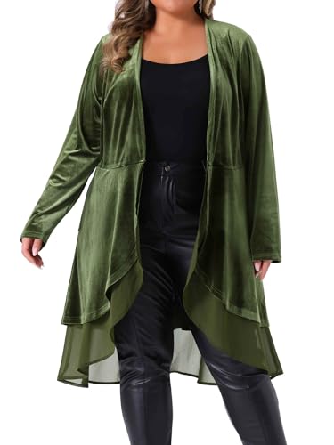 Image of Agnes Orinda Women Plus Size Ruffled Asymmetric Long Velvet Cardigan Jacket | Chiffon Ruffle Splicing Open Front Long Sleeve Irregular Hem Casual Jackets