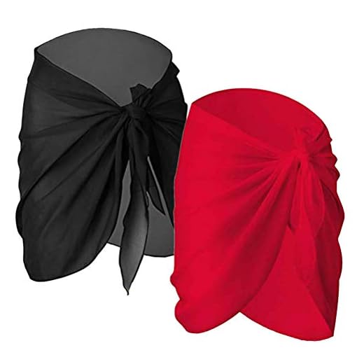 Damen Chiffon Sarong Pareo,2er Pack Sarong Chiffon Strand Frauen Badeanzug Wickelkleid Wickelrock Strandkleid Bikini Cover Up Badeanzug Wickelkleid Rock für Urlaub Schwimmen Schwarz+Rot