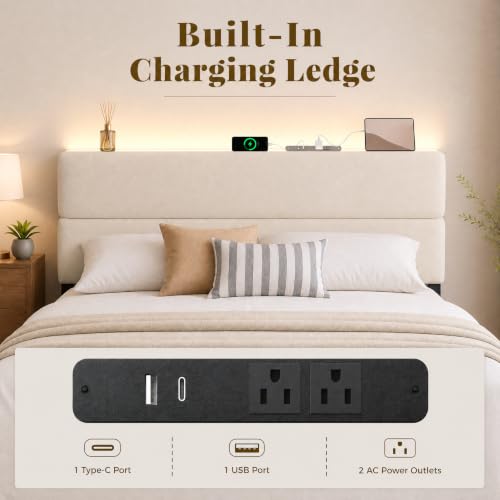 Image of Queen Bed Frame with 2 Storage Drawers, Light Beige Velvet Upholstered | Platform Bed with Charging Station, LED Headboard Lighting, Metal Support, Noise Free, No Box Spring Needed, Easy Assembly