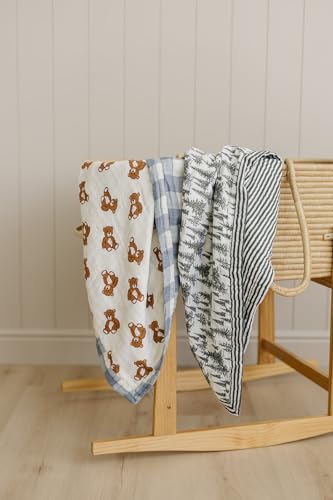 Image of Mebie Baby Muslin Quilt, Dusty Blue Gingham Teddy Bear, 100% Cotton Baby Blanket for Girls & Boys, Newborns to Toddler, Soft Swaddle Blanket, 47 inchx47 inch