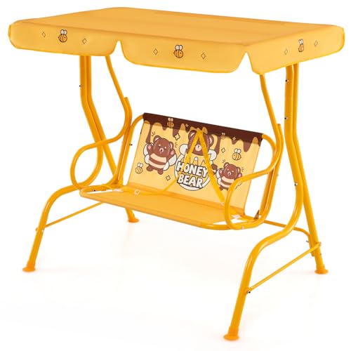 GYMAX Kids Patio Swing Chair, 2 Seats Garden Swing Bench with Adjustable Canopy and Safety Belts, Porch Swinging Lounger Seater for Outdoor Indoor (Orange, 113 x 77 x 111 cm)