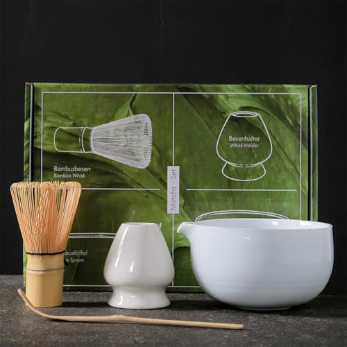 Matcha Tea Set, Japanese Matcha Whisk Set with Bamboo Scoop, Matcha Bowl with Pouring Spout, Whisk Holder, Sifter, Complete 4pcs Matcha Kit for Matcha Lovers, Gift Box (4, White)