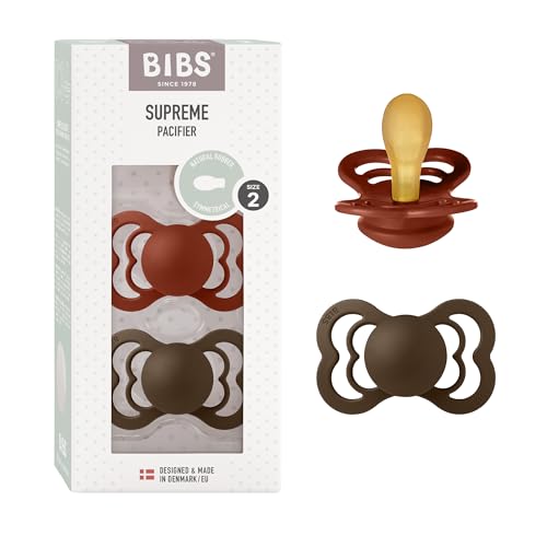 Image of BIBS Supreme Baby Pacifier 2-Pack | Made in Denmark | BPA Free Dummy Soother, Symmetrical Nipple. Natural Rubber Latex, Size 2 (6-18 Months), Rust/Mocha