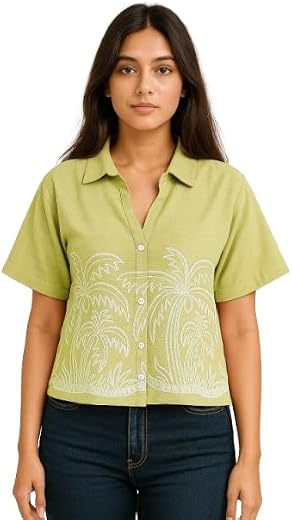 IRREPLACEABLE ART Women's Casual Short Sleeve Button Down Shirt with Palm Tree Embroidery | Summer Beachwear Cotton Blend Top