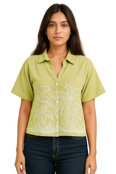 Women's Casual Short Sleeve Button Down Shirt with Palm Tree Embroidery | Summer Beachwear Cotton Blend Top
