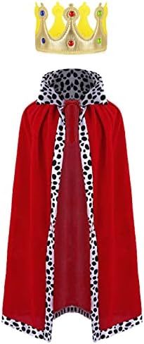2 Pack King Cloak Crown Costume Set for Kids, Halloween King Prince Cosplay Costume Red Cloak Cape and Gold Crown for Halloween Party Kids Party Dress Up Supplies