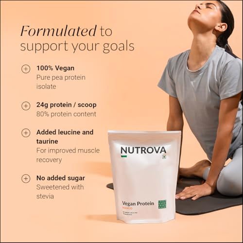 Image of Nutrova Vegan Protein Isolate Mango 1Kg (Pack of 1) with 24g Protein per Scoop for Muscle Building | Gluten & Sugar Free Ideal Plant Protein sweetened with Stevia, 80% Protein with Taurine & Leucine