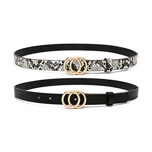 MORELESS 2 Pack Thin Belts for Women Jeans Dress Skinny Waist Belt with Gold Buckle4