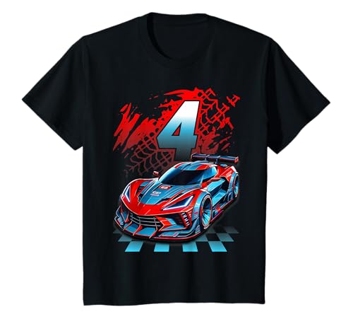 Niños Coche de carreras de 4 años para fiesta de cumpleaños de 4 años Camiseta
