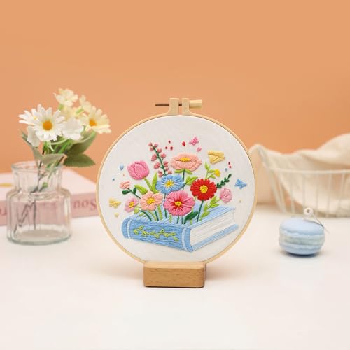 Image of Louise Maelys Floral & Book Embroidery Kit for Beginners DIY Craft Kit | Complete Needlepoint Kit with Embroidery Hoop, Printed Fabric, Color Threads, Needles and Instruction for Easy Hand Stitching