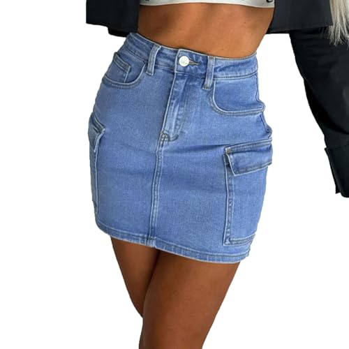 2025 Fashion Women's Cargo Bodycon Mini Denim Skirt High Waist Zipper Fly Short Jean Skirts with Flap Pockets
