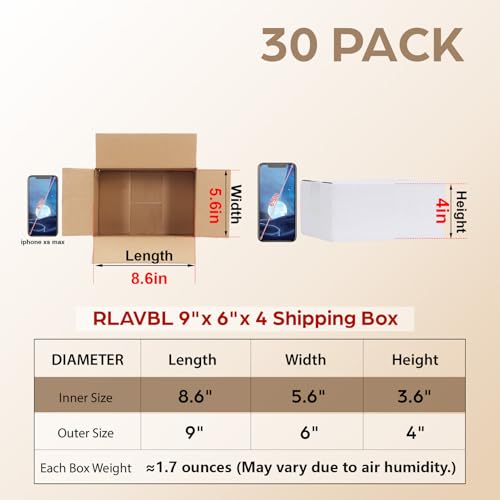 Image of RLAVBL 9x6x4 Shipping Boxes Set of 30, White Corrugated Cardboard Box for Packing, Mailing, Business