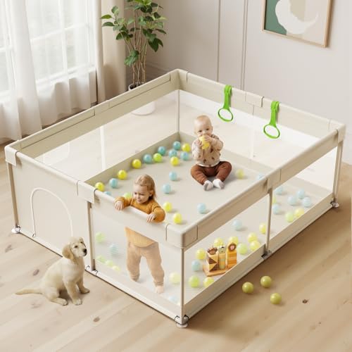 Image of Fodoss Baby Playpen, 59x69in Beige Playpen for Babies and Toddlers, Play Pen for Apartment, Kids Activity Fence, Baby Playard with All-Side Mesh, Pull Rings