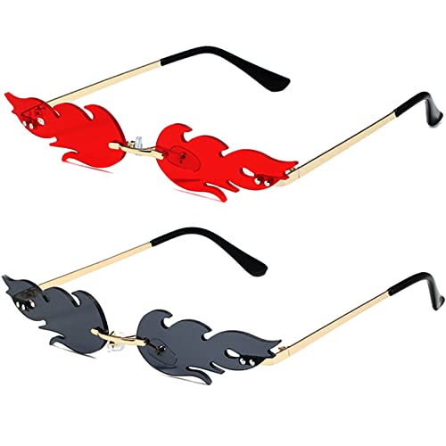 Breaksun Fire Flame Sunglasses for Women Men Retro Narrow Fire Shaped Rimless Flame Shades Halloween Party Red Glasses (Gold/Red+ Gold/Grey)