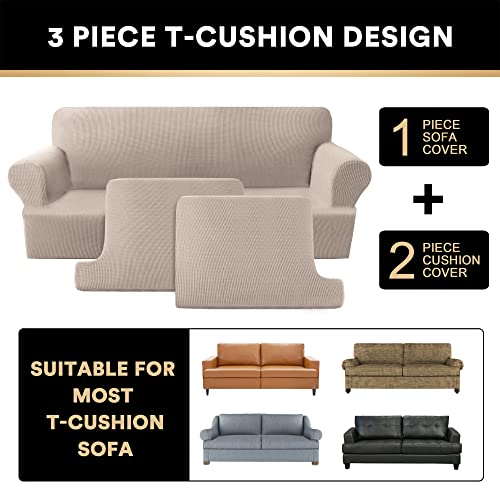 PrinceDeco T Cushion Loveseat Slipcover 3 Pieces Sofa Covers for T Cushion Sofa Stretch Slip Covers for 2 Cushion Couch with 2 Individual T Shape Seat Covers Width Up to 76" - Washable, Sand - Image 4