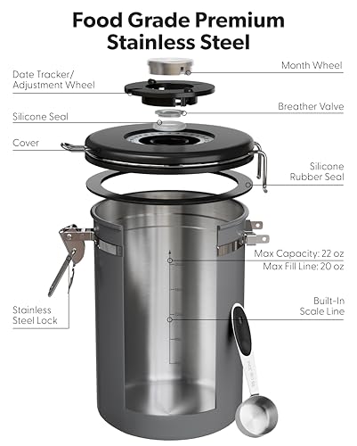 Image of Veken Coffee Canister with Window, Airtight Stainless Steel Container,Date Tracker, Kitchen Food Storage Jars for Beans, Ground, Espresso, Rice,Tea, Sugar, Cereal, Gifts, Scoop, Grey, 22OZ (Pack of 2)