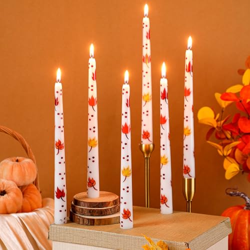 Image of Threlaco 6 Pcs Fall Red Maple Leaf Taper Candles 9.8 inch Unscented Taper Candles Prints Dinner Table Home Decorations for Thanksgiving Autumn Festive Halloween Party Gift