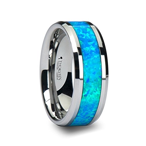 QUASAR Tungsten Contemporary Metal Wedding Band Ring with Blue Green Opal Inlay 8mm wide
