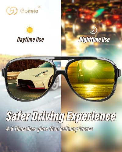 Image of Goiteia Oversized Photochromic Day and Night Driving Glasses,Headlight Yellow Glasses for Big Head,Non-breakable Lightweight TR90 Large Frame,70s Vintage Retro Style Sunglasses for Women Men