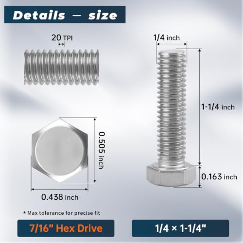 Image of 10 Sets Glvaner 1 /4-20 x 1-1 /4 inch Stainless Steel Hex Head Screws Bolts, Nuts, Flat & Lock Washers, 18-8 (304) Stainless Steel, Full Thread, Coarse Thread