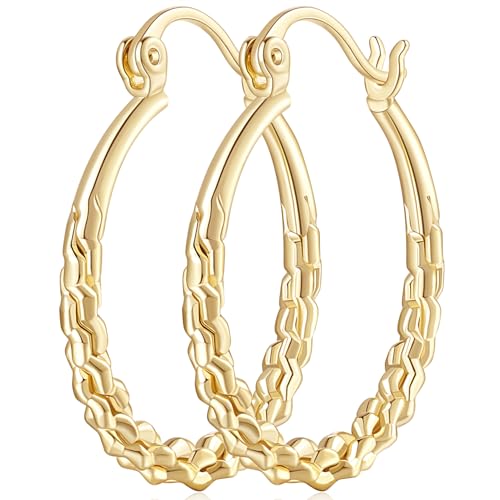 AMELINE Hoop Earrings Women 14K Gold Hoop Earrings for Women Jewelry Gold Earring Hoops with Twisted Raised Pattern 23.5 mm