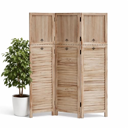 Asnefeli Short Room Divider 3-Panel 51 H Modular Detachable Wall Partition Louver & Solid Wood Privacy Screen for Clutter Concealing Small Space Division for Home Office Natural