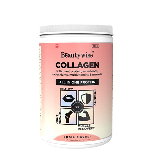 Beautywise All In One Collagen Proteins Powder For Beauty, Muscle Recovery, Joint Health And Immunity With Plant Proteins, Biotin, Glucosamine And Anti-Oxidants 200G(Apple Flavour Pack Of 1)