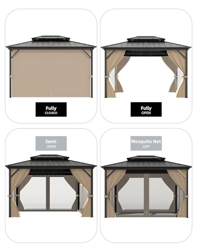 Hardtop Gazebo 10'x12' for All Weather, with Waterproof Double Metal Roof, Aluminum Alloy Frame, Net, and Curtain, Permanent Building for Patio, Deck, Backyard, Lawn, and Garden, Khaki