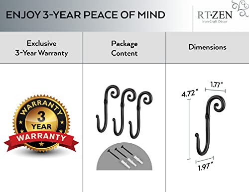 Rtzen Wall Mount J Hook - Wrought Iron Decorative Wall Hooks For Hanging - Handcrafted Classic Wall Mounted Black Coat Hooks - Farmhouse Towel Hooks Robe Hooks Or Hat Hooks - 3 Pack #TOP3