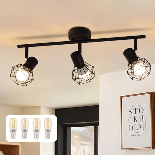 Glitzerlife Deckenstrahler 3 Flammig Deckenspots Schwarz - Deckenleuchte E14 Retro Schwenkbar 350°Deckenlampe Industrial Metall für Schlafzimmer Wohnzimmer Arbeitszimmer Flur Küche Mit Leuchtmittel