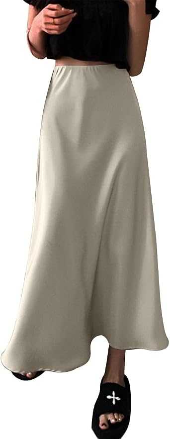 ABEHIK Womens Midi Skirt Satin Silk Ruffle High Waist A Line Long Maxi Skirt Spring Summer Casual Elegant Bodycon Skirts