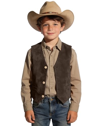 Image of Retro Boys Western Cowboy Vest for Kids Leather Suede Waistcoat | vintage dress vests, welt pockets, v-neck, adjustable waist, formal slim fit, wedding outfit, farm christmas birthday prom