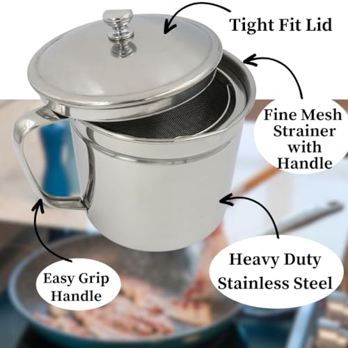 Image of Evelots Oil Storage Can Strainer-Container-Bacon Grease Keeper - Stainless Steel - 5 Cups