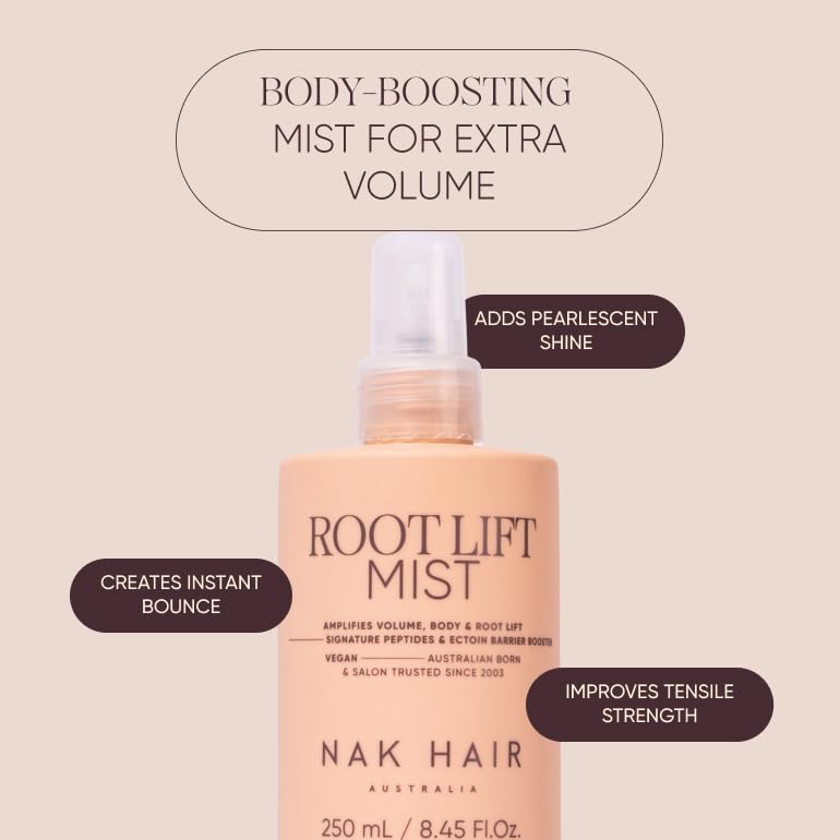 NAK Signature Root Lift Mist 250ml - Volumizing Hair Spray, Adds Body & Root Volume for Fine Hair with Peptides & Vegan Complex