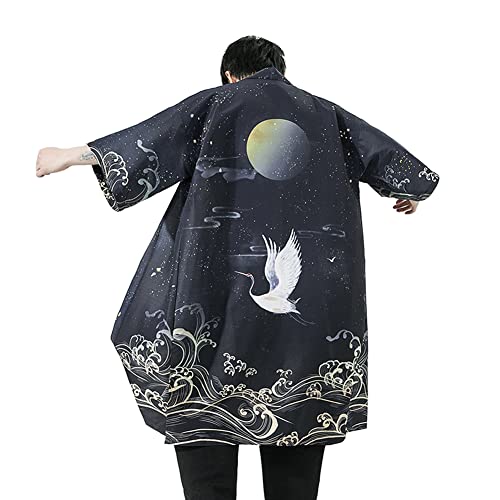 Image of HAORUN Men Japanese Kimono Coat Loose Yukata Outwear Long Bathrobe Tops Vintage