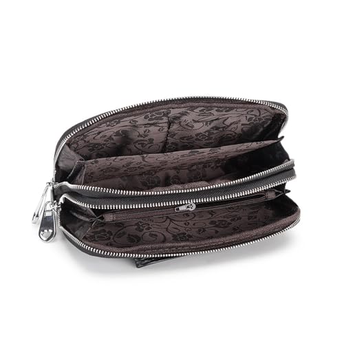 NIGEDU Bolsa clutch feminina de couro genuíno com zíper duplo porta-cartões com alça de pulso, Preto