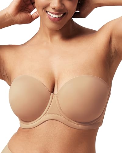 HSIA Strapless Bras for Women Large Bust Non Slip Full Coverage Underwire Supportive Multiway Strapless Bra Plus Size Dark Beige