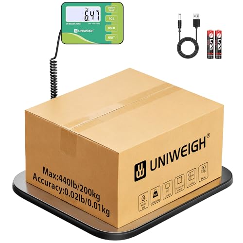 UNIWEIGH Shipping Scale 440lb/10g Postal Scale for Packages with Hold/Tare/PCS Function Heavy Duty Scale for Industrial Parcel Luggage Warehouse Home with Large Platform Commercial Weight with Battery