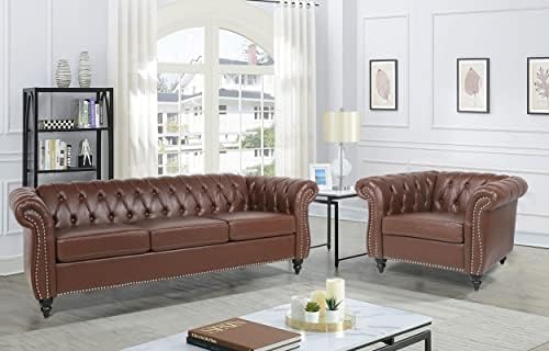 RARZOE Modern 2 Pieces Living Room Sofa Set, Contemporary Tufted Button Faux Leather Three-Seater Couch and Accent Club Chairwith Nailhead Trim Scroll