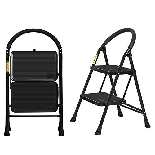 Xinsunho Step Ladder 2 Step, Folding Step Stool With Wide Anti-Slip Pedal And Comfort Handgrip, 330Lbs Portable Steel Ladder Lightweight 2 Step Stool For Adults And Home, Black #TOP6