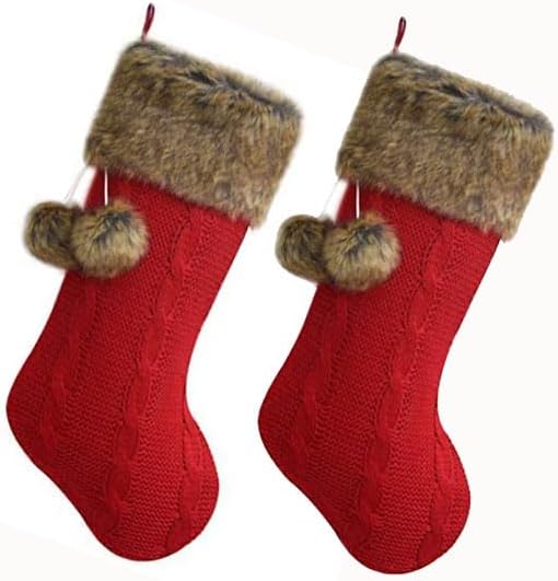 Set of 2pcs Chunky Cable Knit Body, Luxury Faux Fur Cuff,Whimsical Pom-poms Christmas Stocking -10"x18"