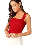 SheIn Women's Casual Frill Smocked Crop Cami Tank Shirred Strap Sleeveless Top Red X-Small
