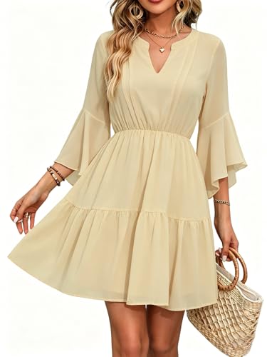 Image of Womens Spring Summer Mini Dress Western Ruffled Sleeve Chiffon V Neck Flowy A Line Short Wedding Guest Party Dresses