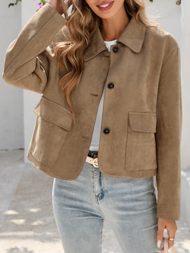 Tankaneo Womens Faux Suede Leather Jackets Casual Cropped Coats Vintage Button Down Shackets3
