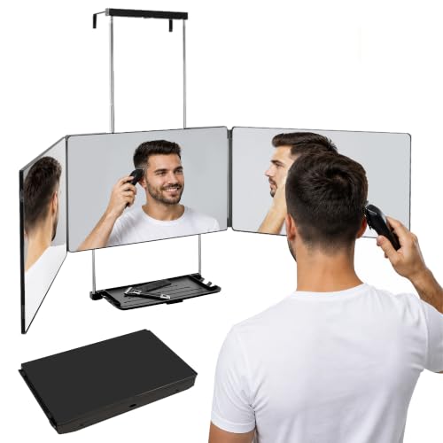 3 Way Mirror with Shelf,Folding 360 Self Cut Mirror for Men and Women