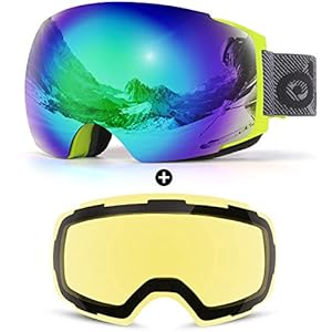 Odoland Kit de Lunettes de Ski Magnetique, avec Lentille Détachable, Masque de Snowboard Hommes et Femmes, Anti-UV400, Anti-Buée, Coupe-Vent, Lunettes de Protection Sphérique Argent REVO VLT