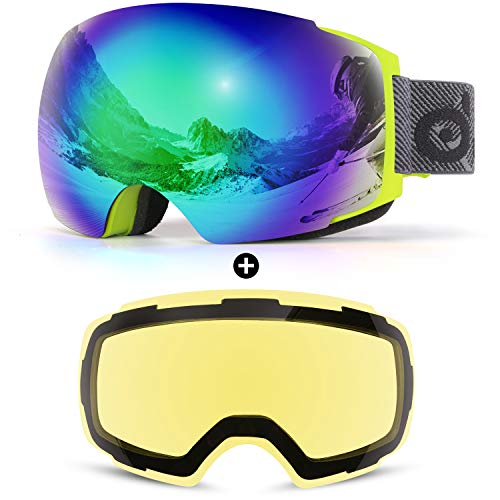 Odoland Lunettes de ski, unisexes, pour homme et femme, garçon, sans cadre, avec verre magnétique interchangeable, protection UV, anti-brouillard, compatible avec le casque Argent REVO VLT15